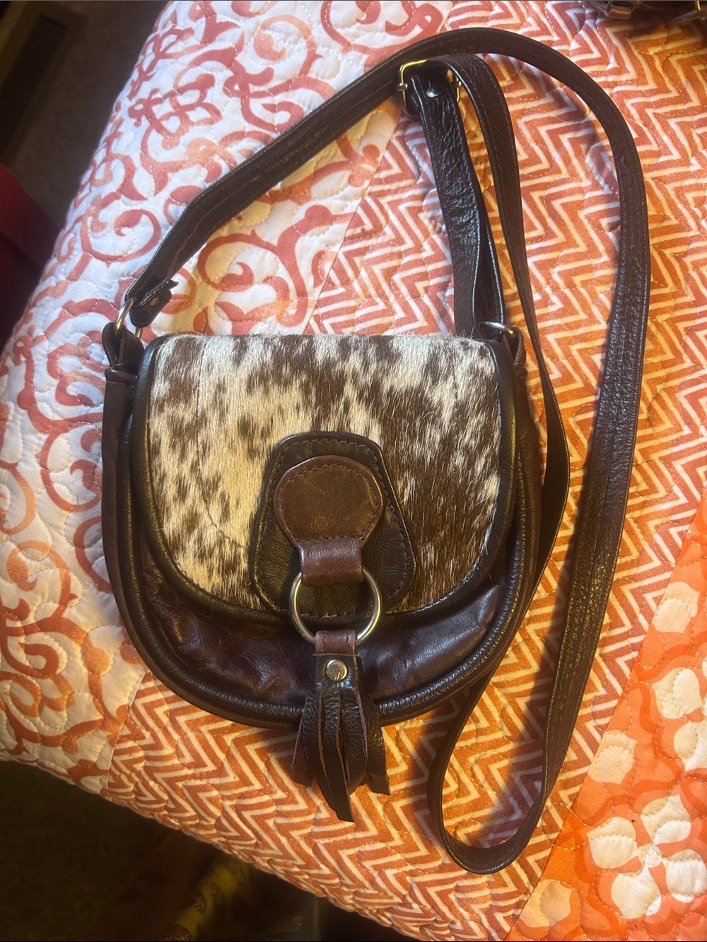 Brown Leather Crossbody with Haircalf Accent